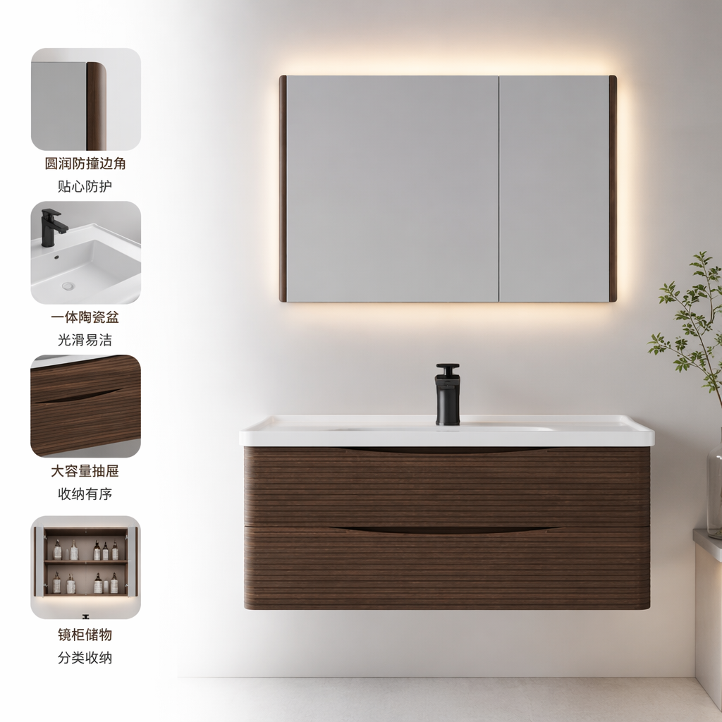 Brown wooden cabinet, white countertop, washbasin, floor-standing bathroom washbasin