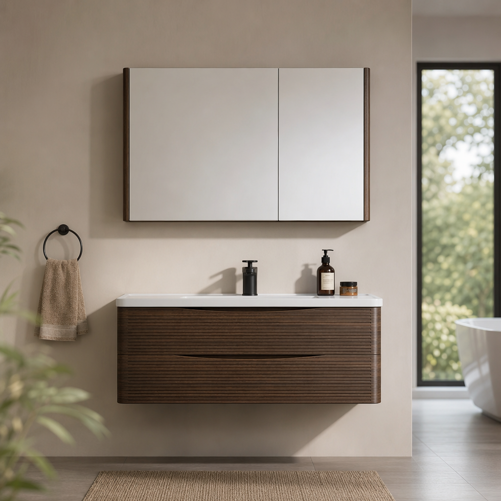 Brown wooden cabinet, white countertop, washbasin, floor-standing bathroom washbasin details Picture