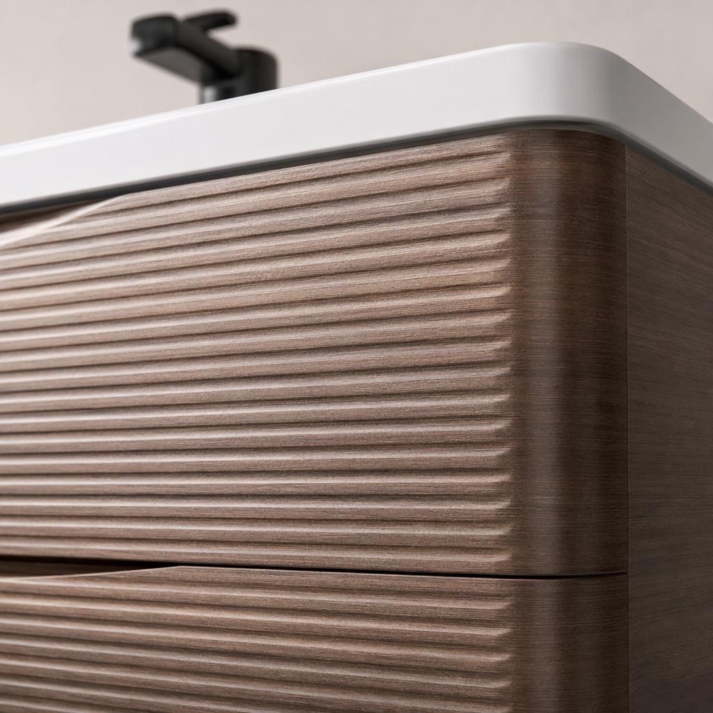 Brown wooden cabinet, white countertop, washbasin, floor-standing bathroom washbasin Application Scenario