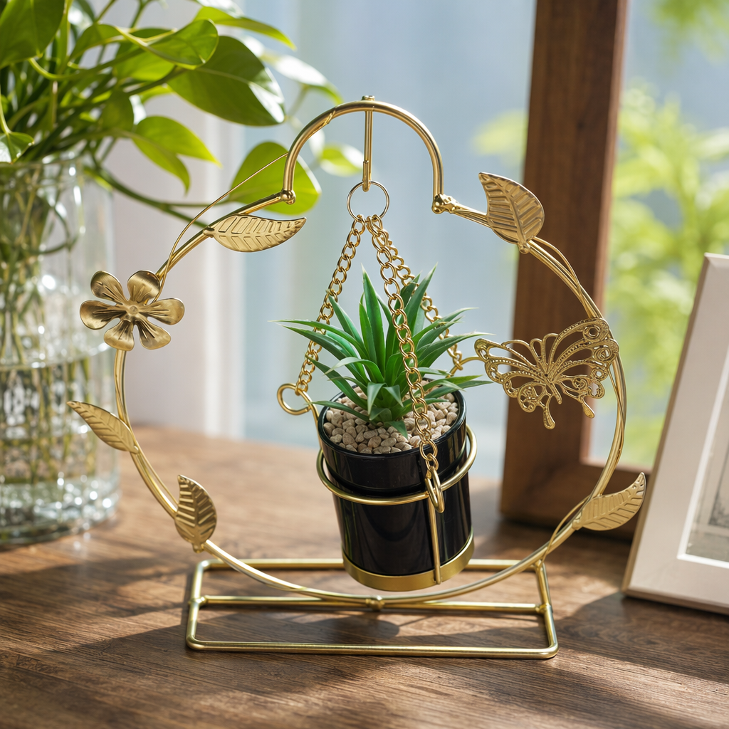 The golden metal hanging flower stand is suitable for indoor balcony decoration of green plants and potted plants details Picture