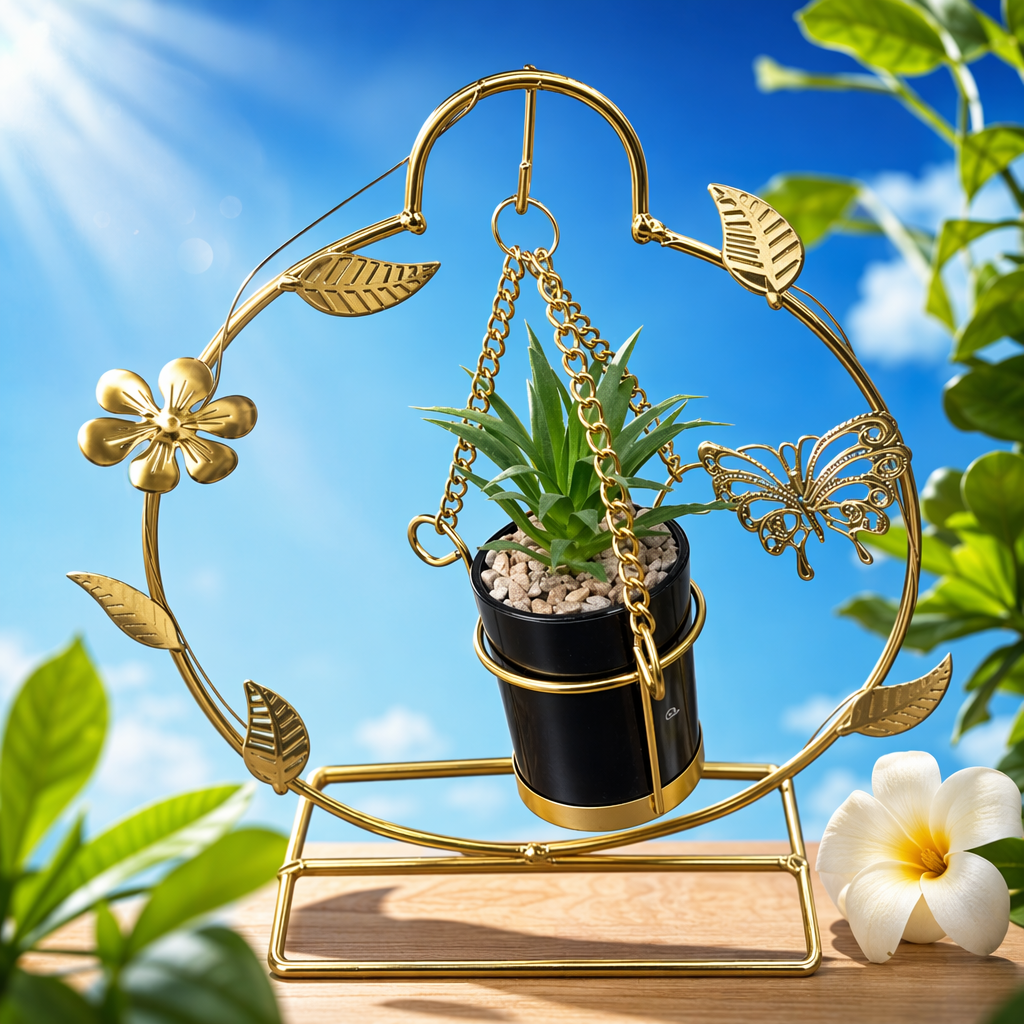 The golden metal hanging flower stand is suitable for indoor balcony decoration of green plants and potted plants Specification image