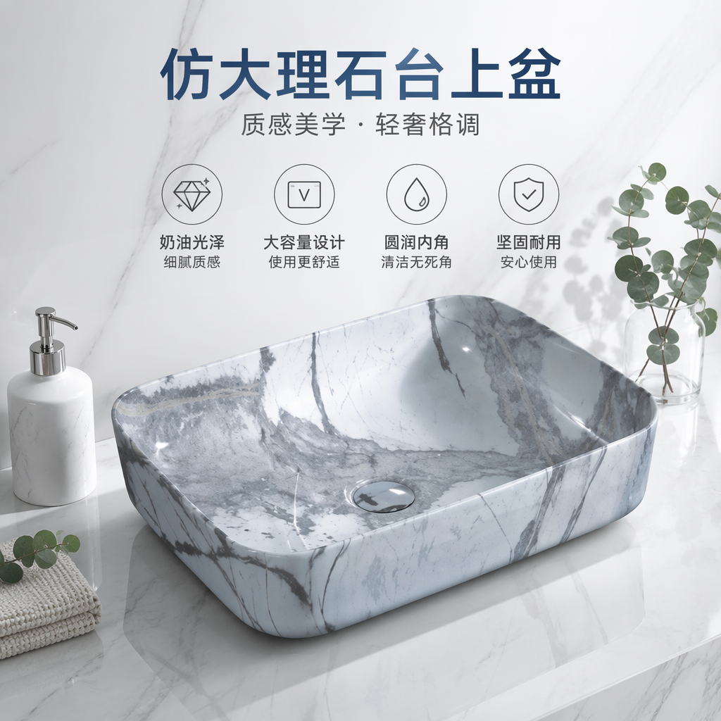 A simple and modern bathroom fixture with a grey and white marble-textured ceramic washbasin and under-sink