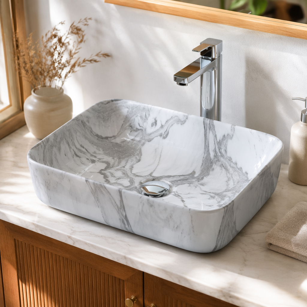 A simple and modern bathroom fixture with a grey and white marble-textured ceramic washbasin and under-sink details Picture