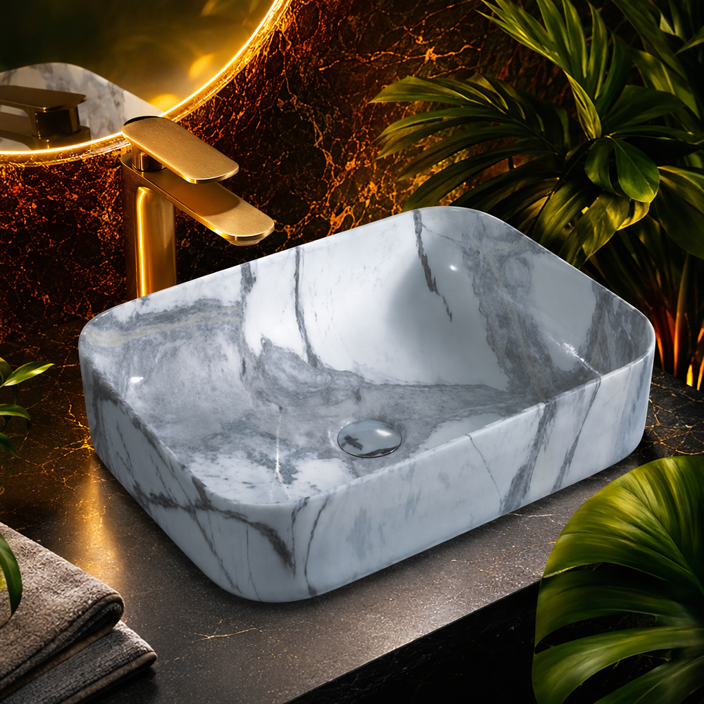 A simple and modern bathroom fixture with a grey and white marble-textured ceramic washbasin and under-sink Specification image