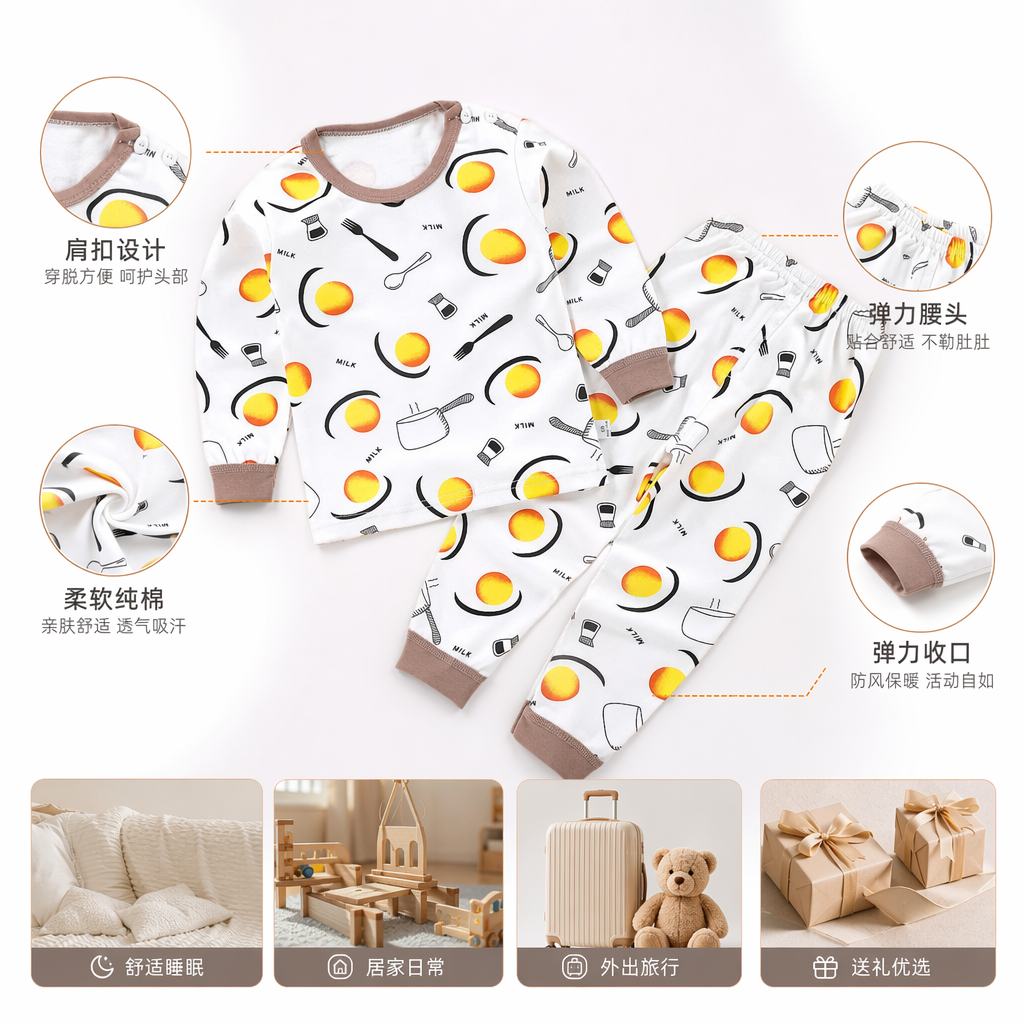 纯棉儿童睡衣套装 白色鸡蛋图案家居服舒适透气