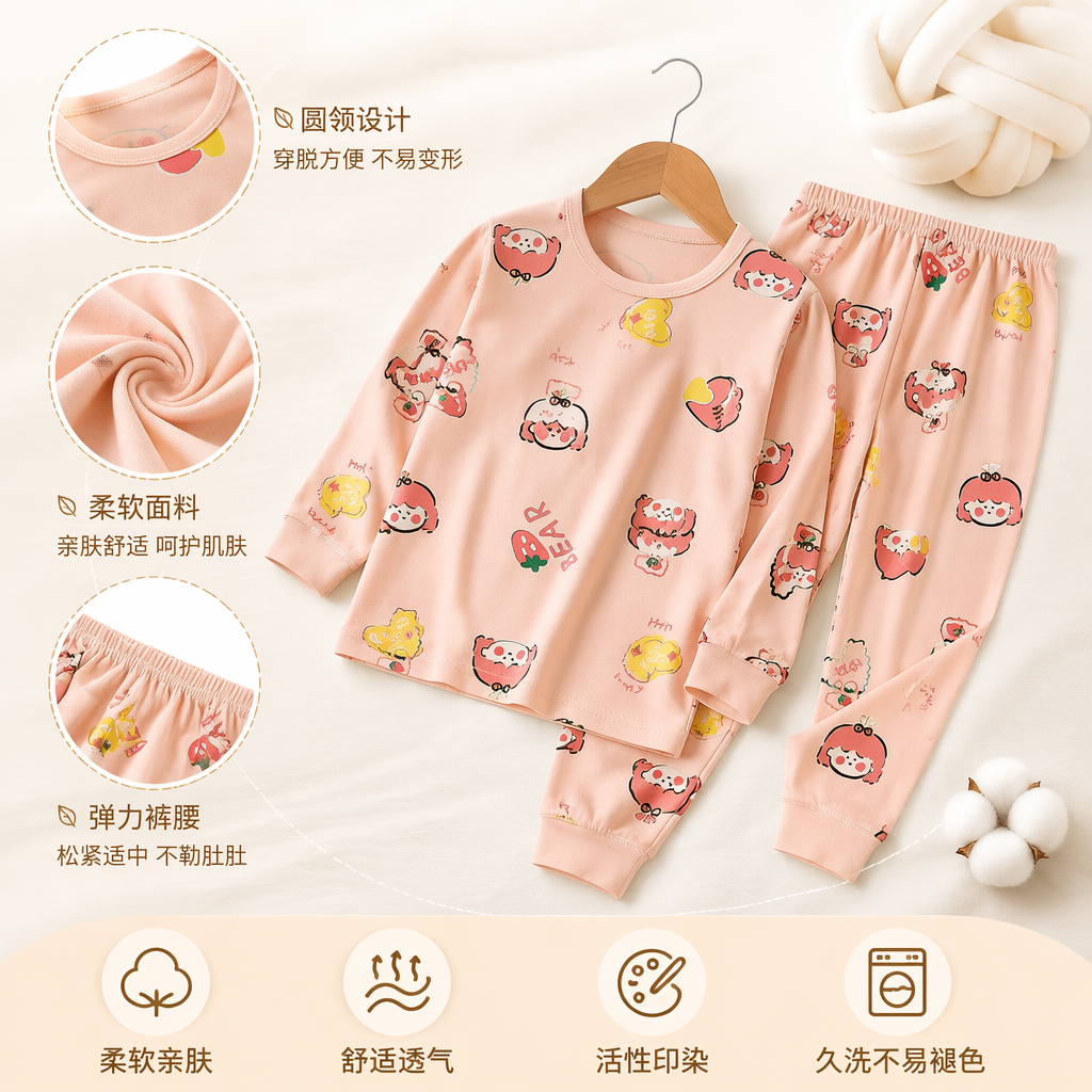 粉色儿童卡通睡衣套装纯棉舒适可选尺码男女童通用
