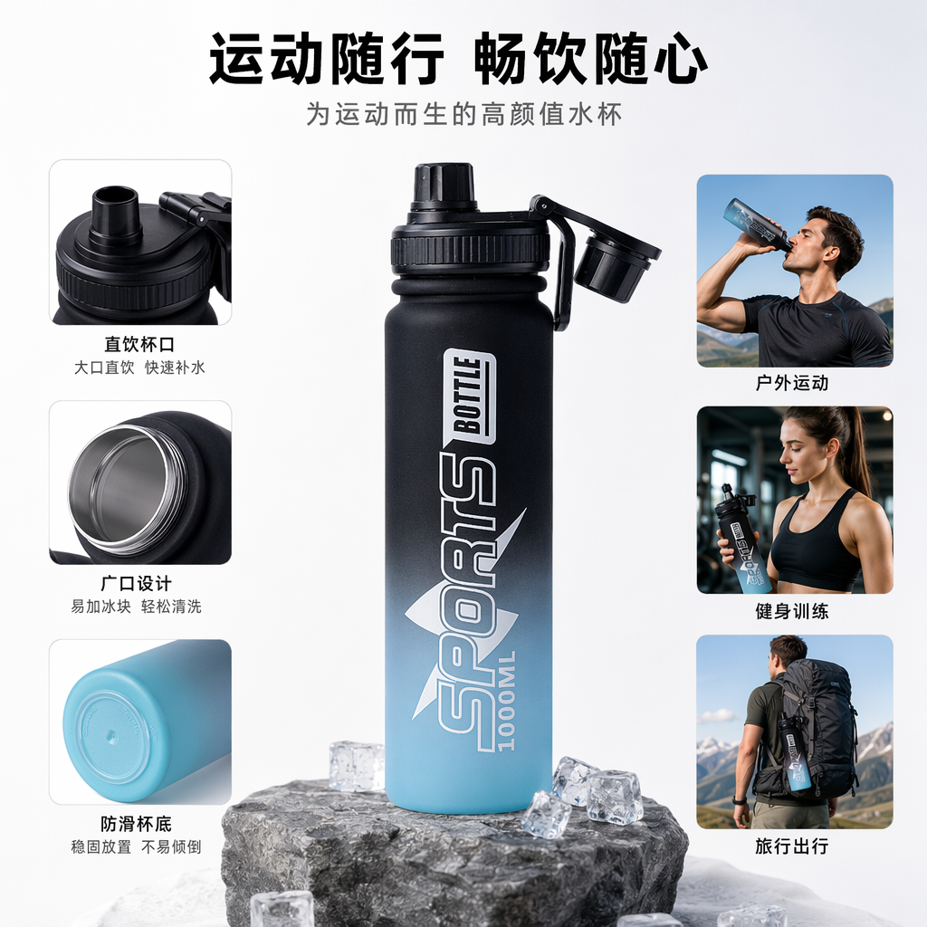 黑色渐变设计运动水杯 800ml 防漏便携大容量户外健身专用
