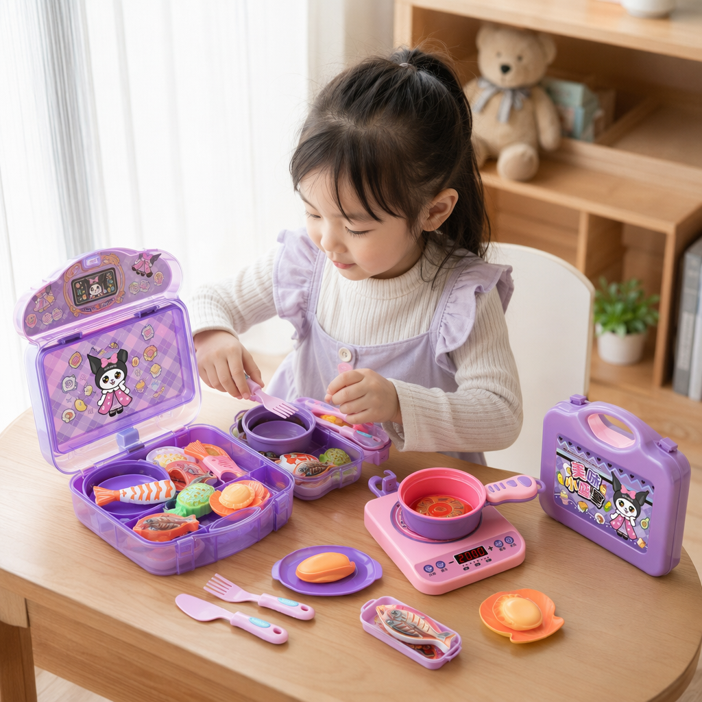 Purple portable children's house kitchen toy set, including induction cooker, cookware, tableware and simulated food storage box details Picture