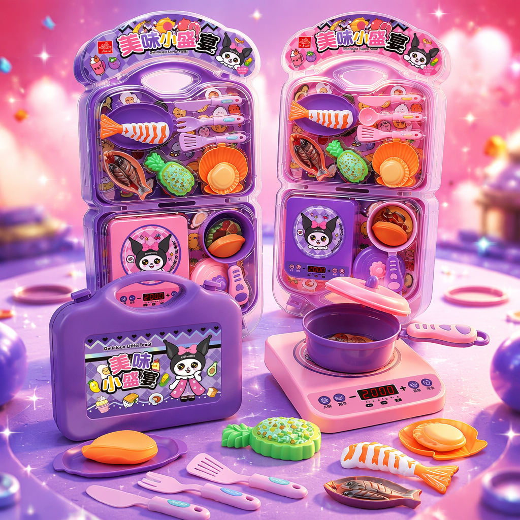 Purple portable children's house kitchen toy set, including induction cooker, cookware, tableware and simulated food storage box Specification image