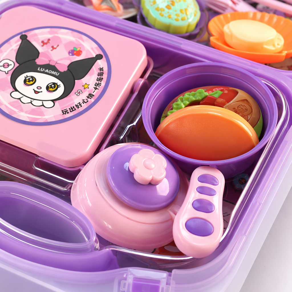 Purple portable children's house kitchen toy set, including induction cooker, cookware, tableware and simulated food storage box Application Scenario
