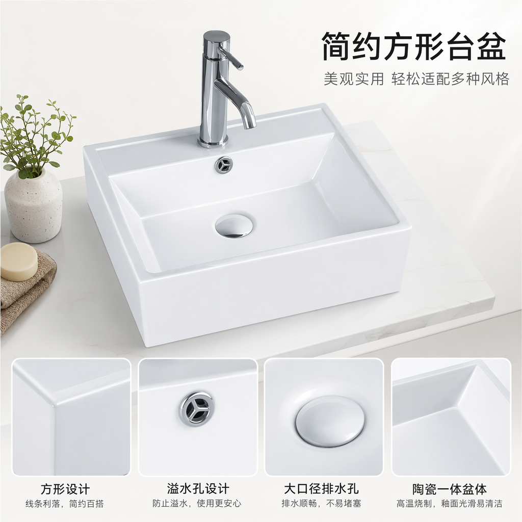 White square washbasin with silver faucet and ceramic countertop bathroom fixtures
