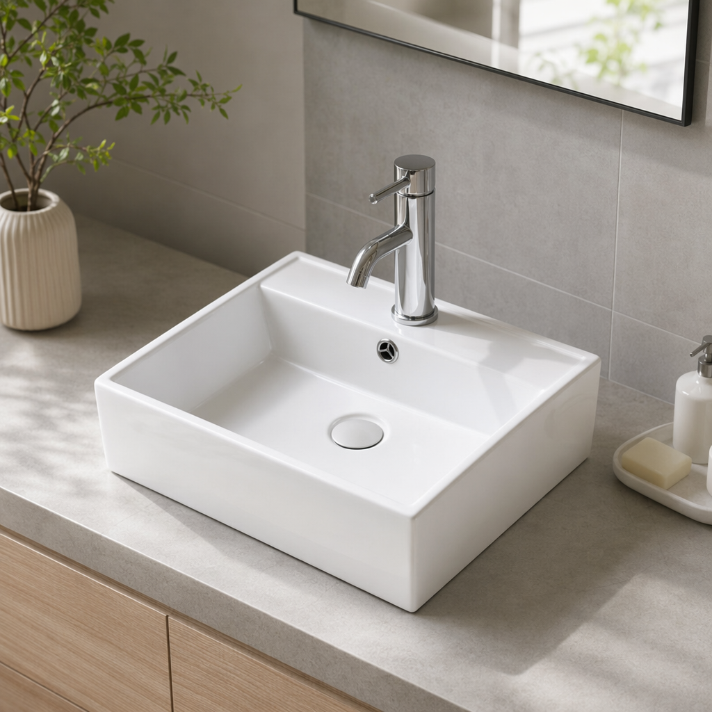 White square washbasin with silver faucet and ceramic countertop bathroom fixtures details Picture