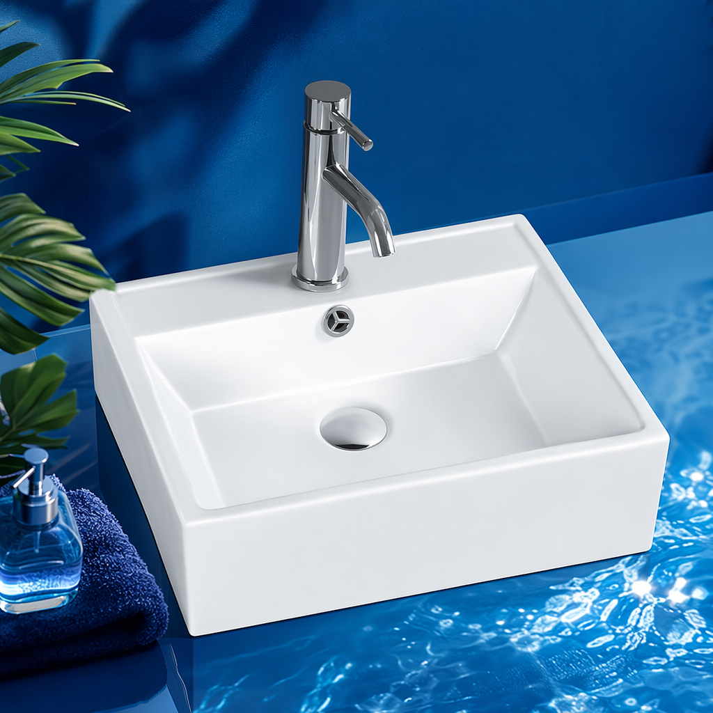 White square washbasin with silver faucet and ceramic countertop bathroom fixtures Specification image