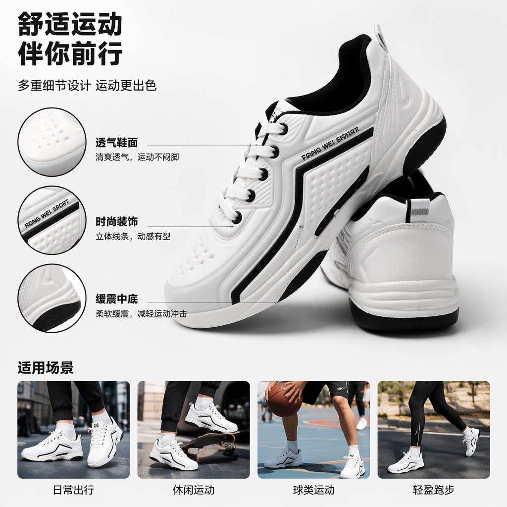黑白简约百搭运动鞋 透气轻便休闲跑步鞋
