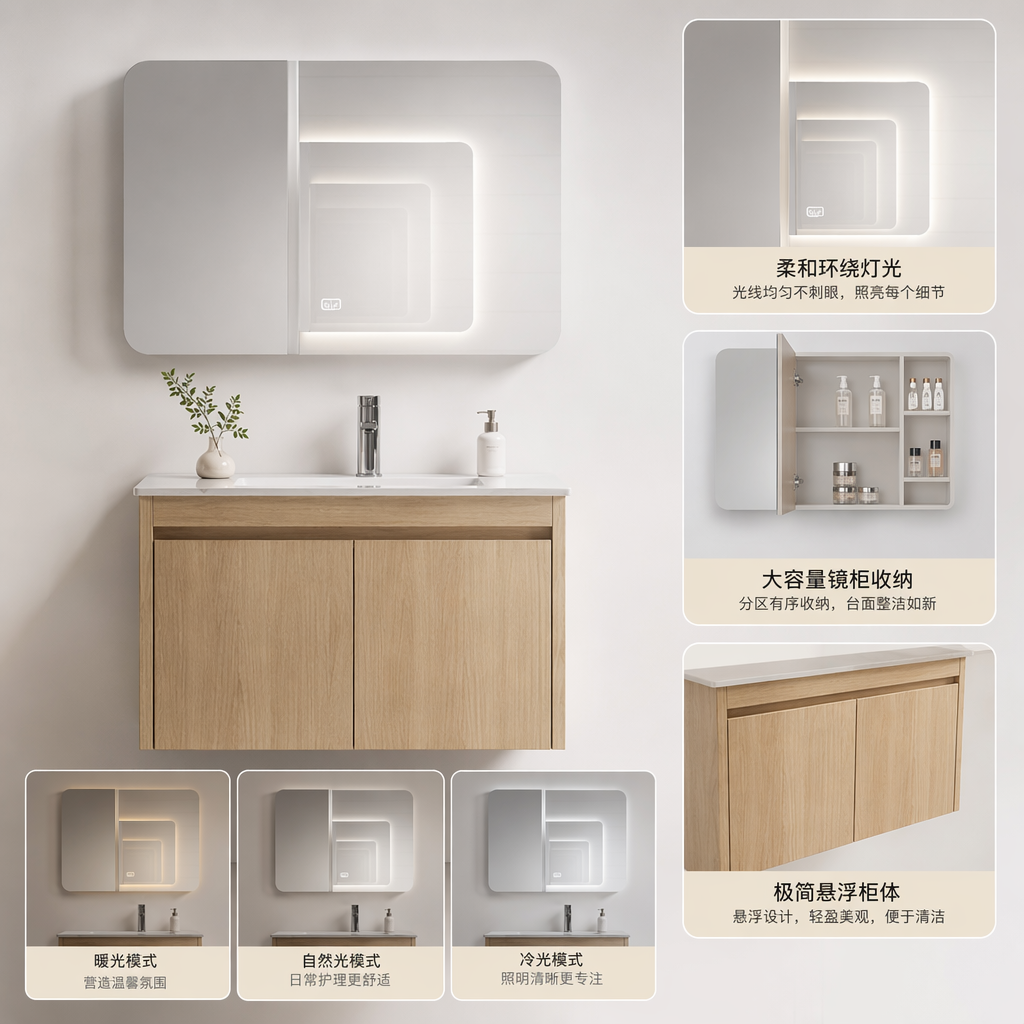 A light wood-colored bathroom cabinet and washbasin combination set, a modern and simple household bathroom storage cabinet