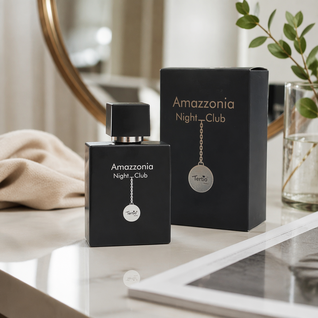 Amazzonia Night Club Black Perfume bottle and packaging box 100mL Eau de Parfum Tertio PARI details Picture