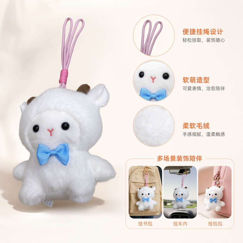 A white plush sheep doll is wearing a blue bow and a pink lanyard