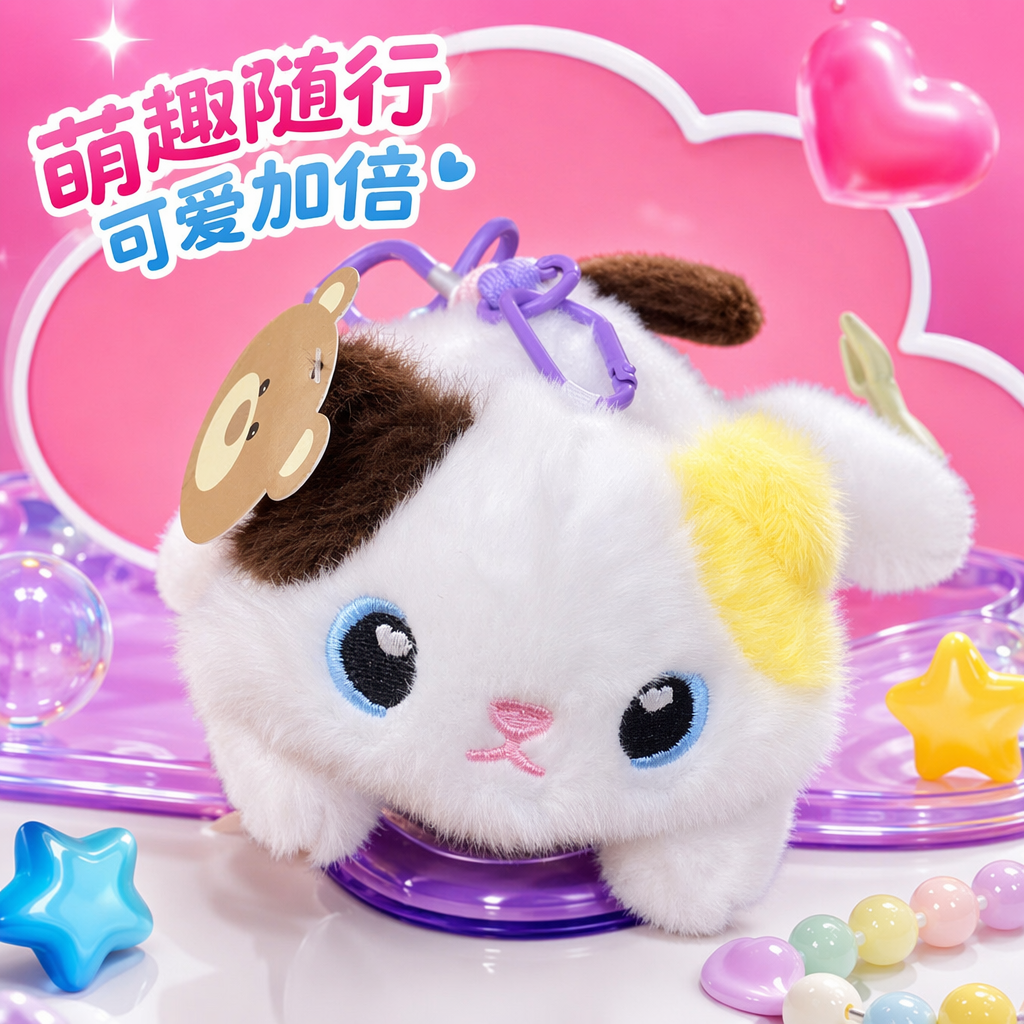 White plush cat pendant, cute and adorable pet keychain, car bag hanging decoration Specification image