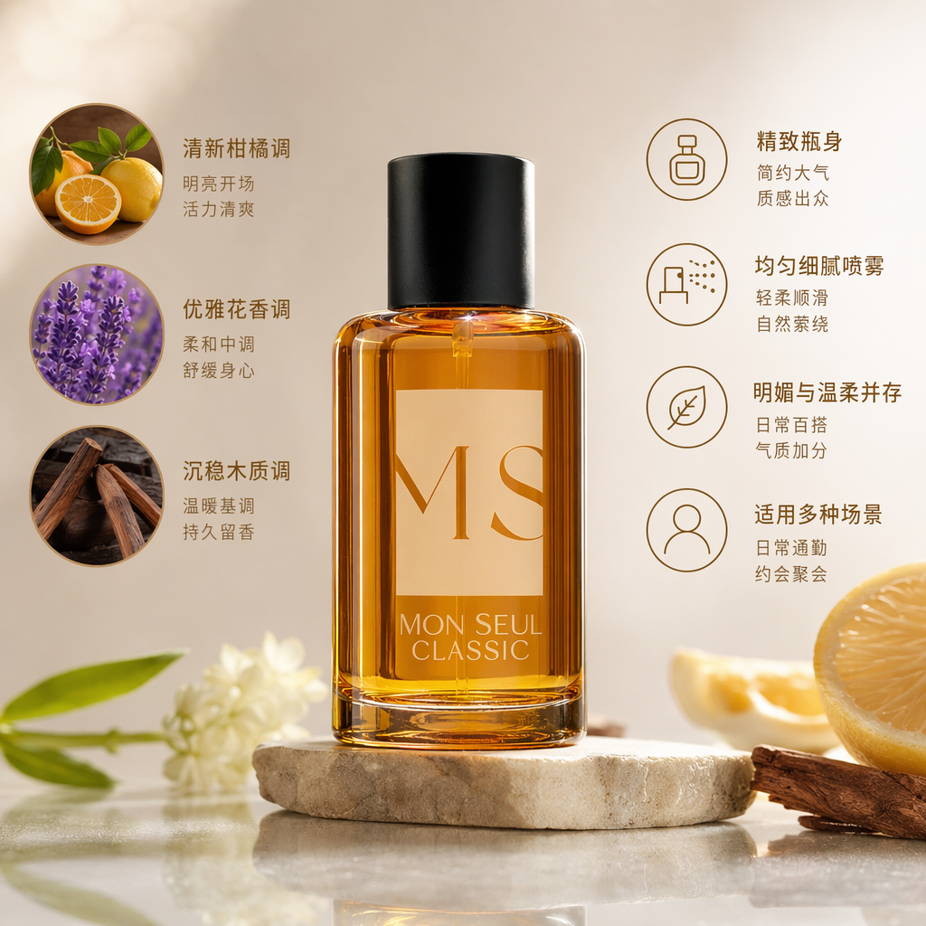 Amber glass perfume bottle with dark brown packaging box