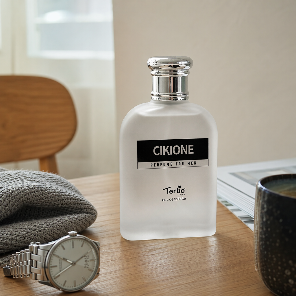 CIKIONE men's perfume features a frosted glass bottle with a silver cap and a beige packaging box details Picture