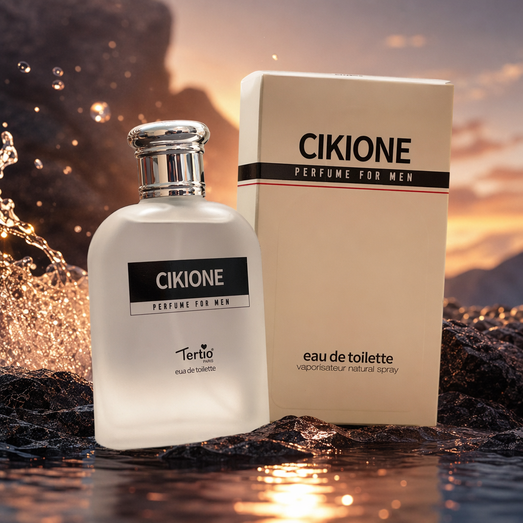 CIKIONE men's perfume features a frosted glass bottle with a silver cap and a beige packaging box Specification image