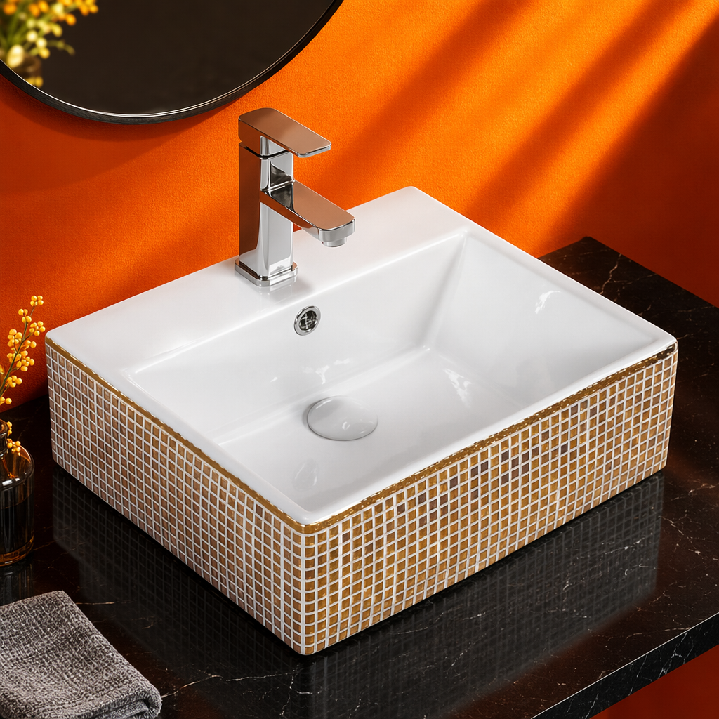 حوض غسيل خزفي أبيض مربعات مع إطار الفسيفساء الذهبي مع صنبور فضي طويل العنق Specification image