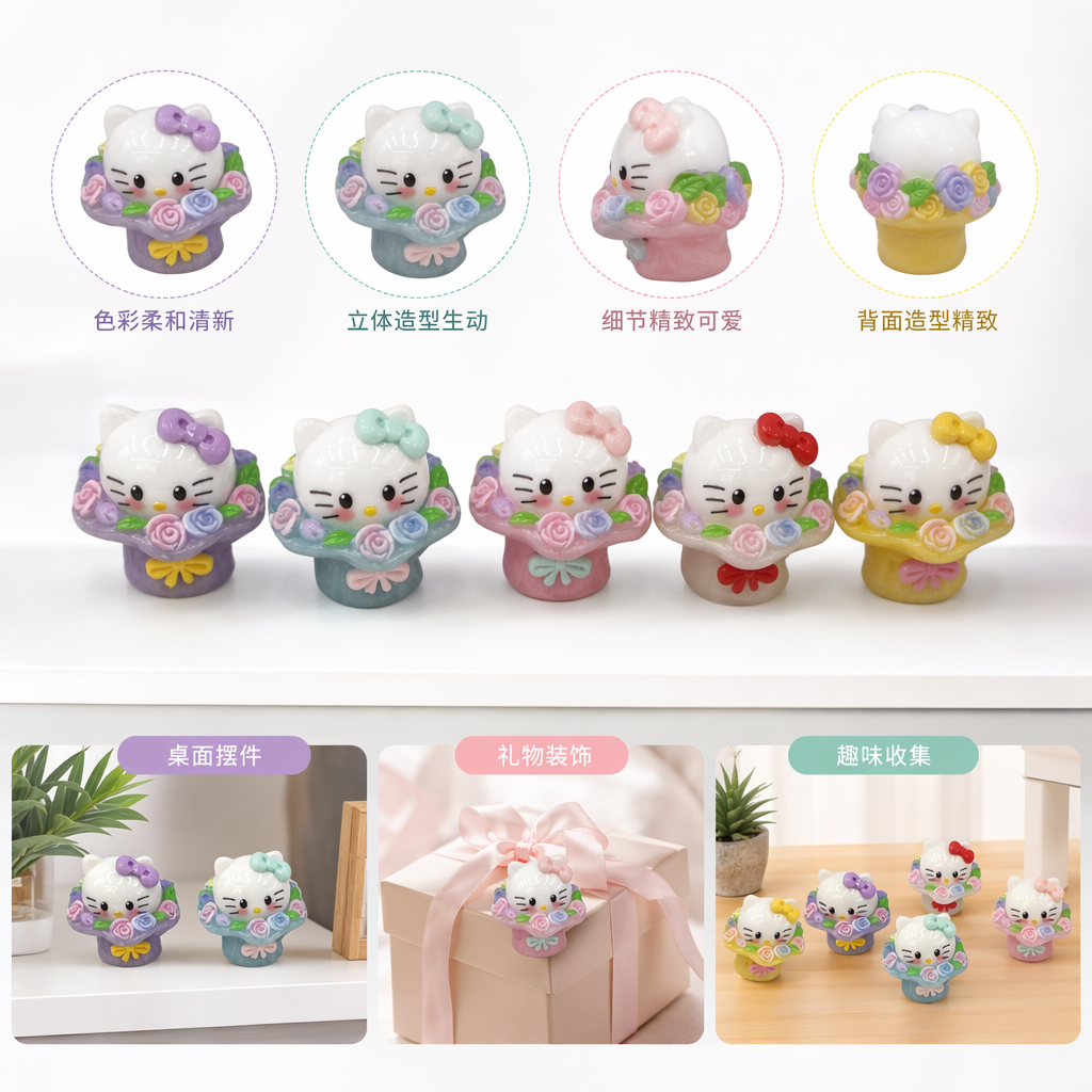 Five colorful flower basket-shaped Hello Kitty figurines