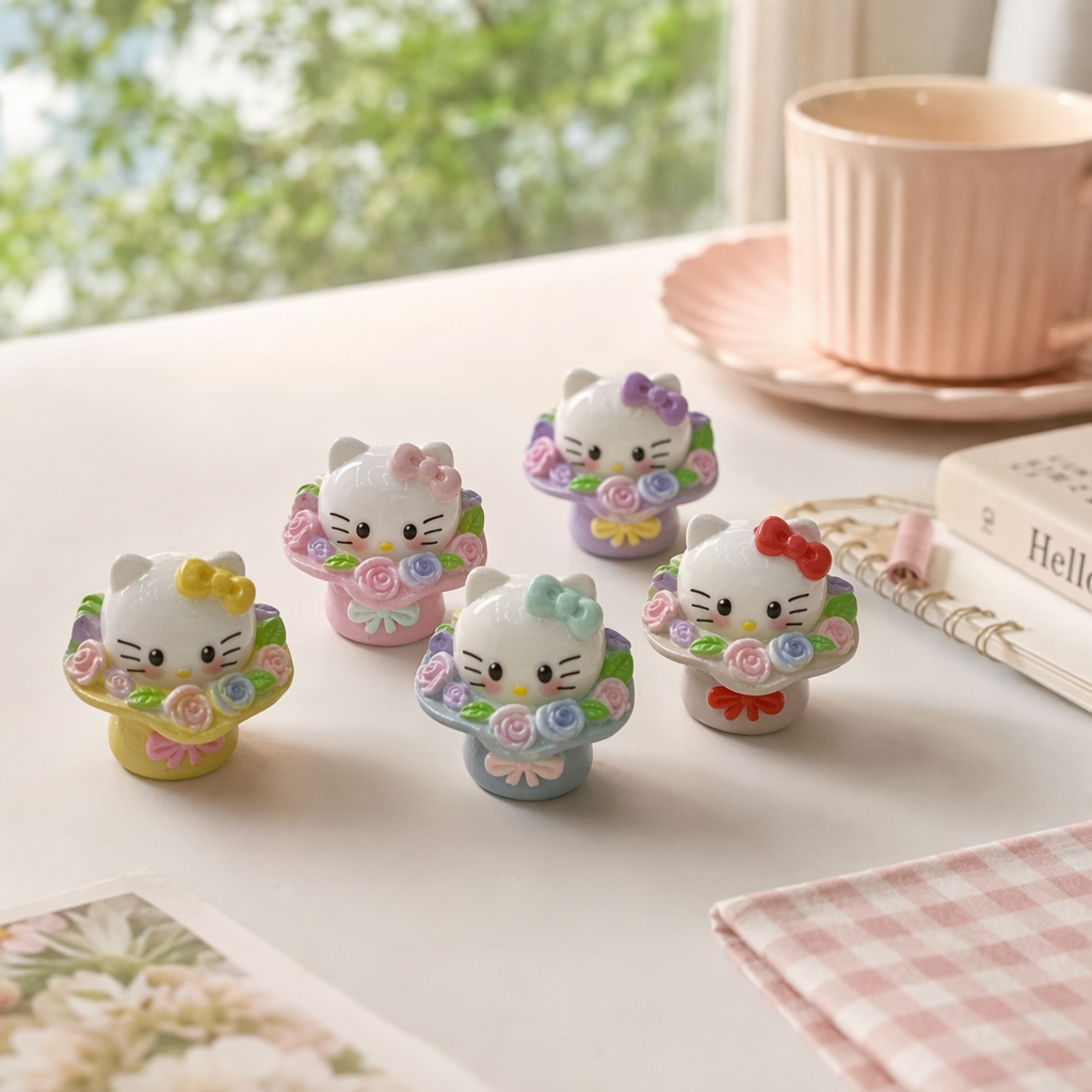 Five colorful flower basket-shaped Hello Kitty figurines details Picture