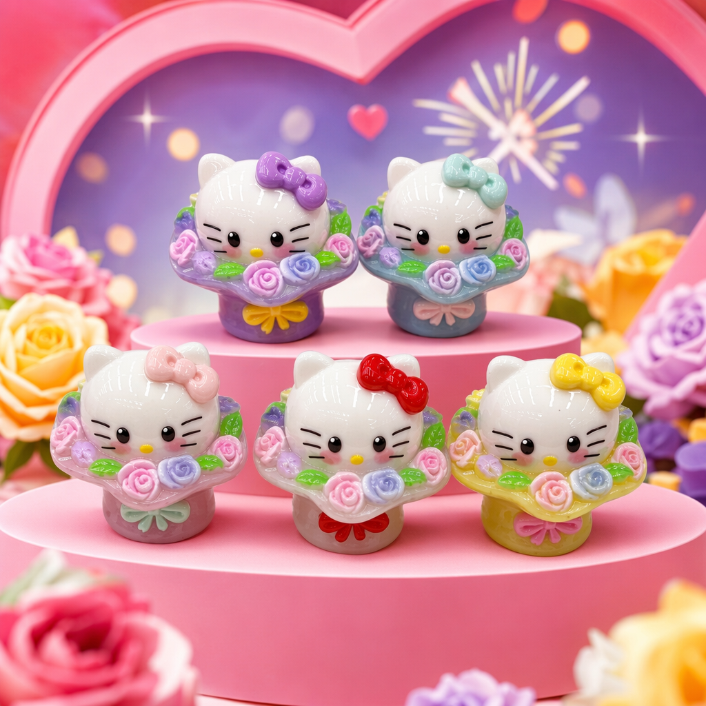 Five colorful flower basket-shaped Hello Kitty figurines Specification image