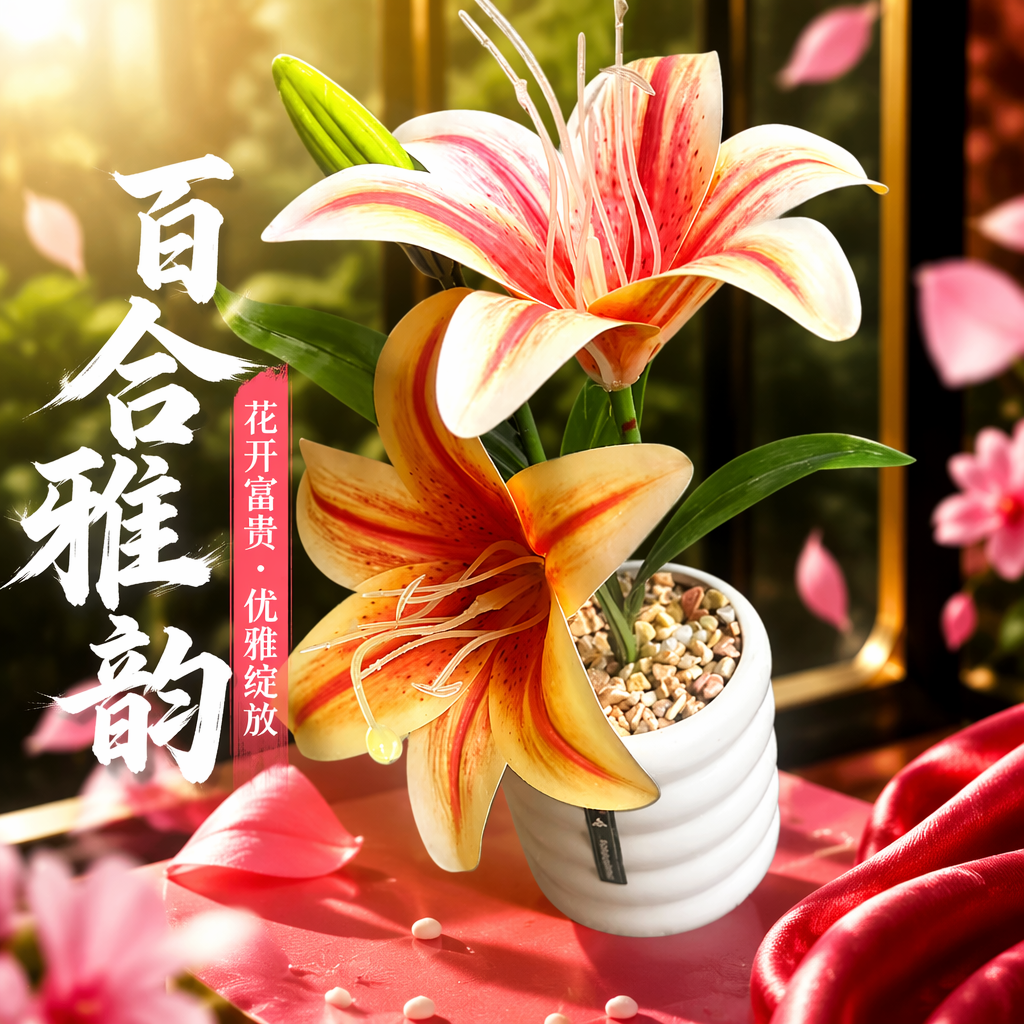 粉色条纹百合花+盆栽细节图