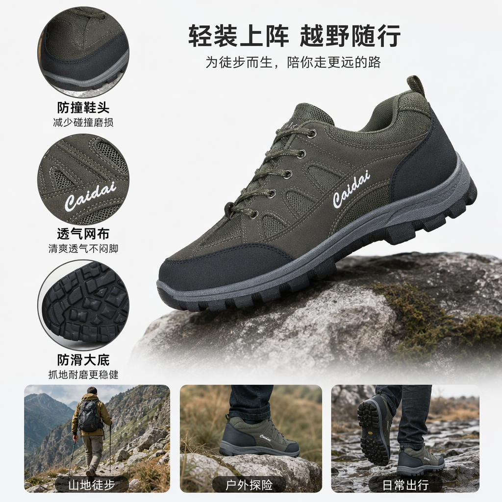 Caidai户外鞋三双装不同颜色木质表面展示款