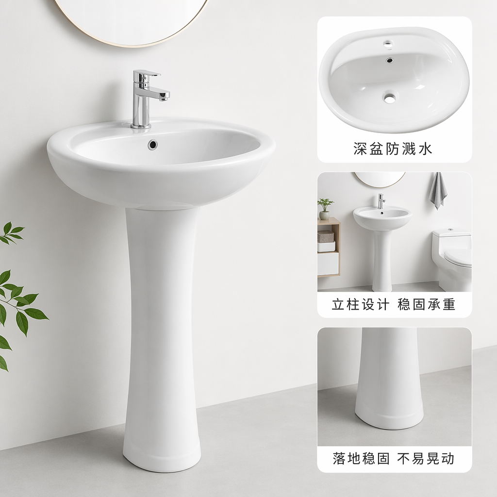 The white column-style washbasin has a smooth glaze and is easy to clean, specially designed for bathrooms