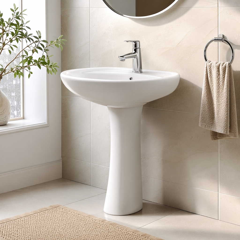 The white column-style washbasin has a smooth glaze and is easy to clean, specially designed for bathrooms details Picture
