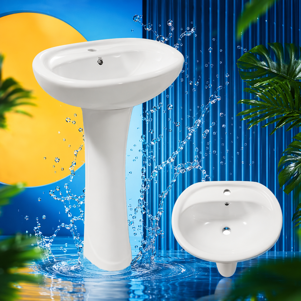 The white column-style washbasin has a smooth glaze and is easy to clean, specially designed for bathrooms Specification image