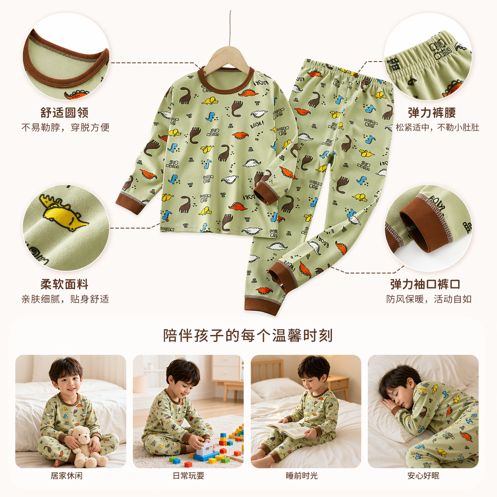 儿童绿色恐龙图案睡衣套装春秋薄款纯棉亲肤