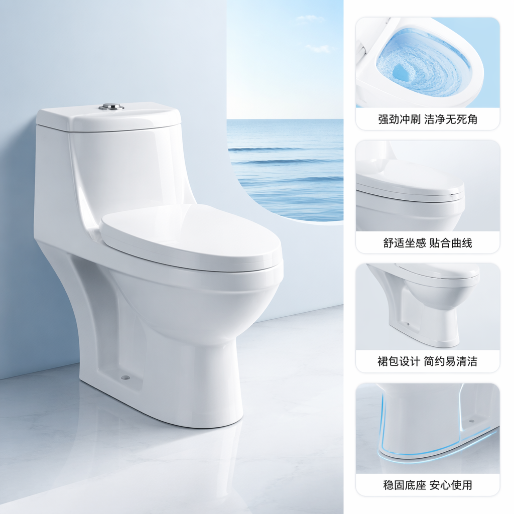 The white toilet has a smooth glaze and is easy to clean. It is a simple style for home bathrooms