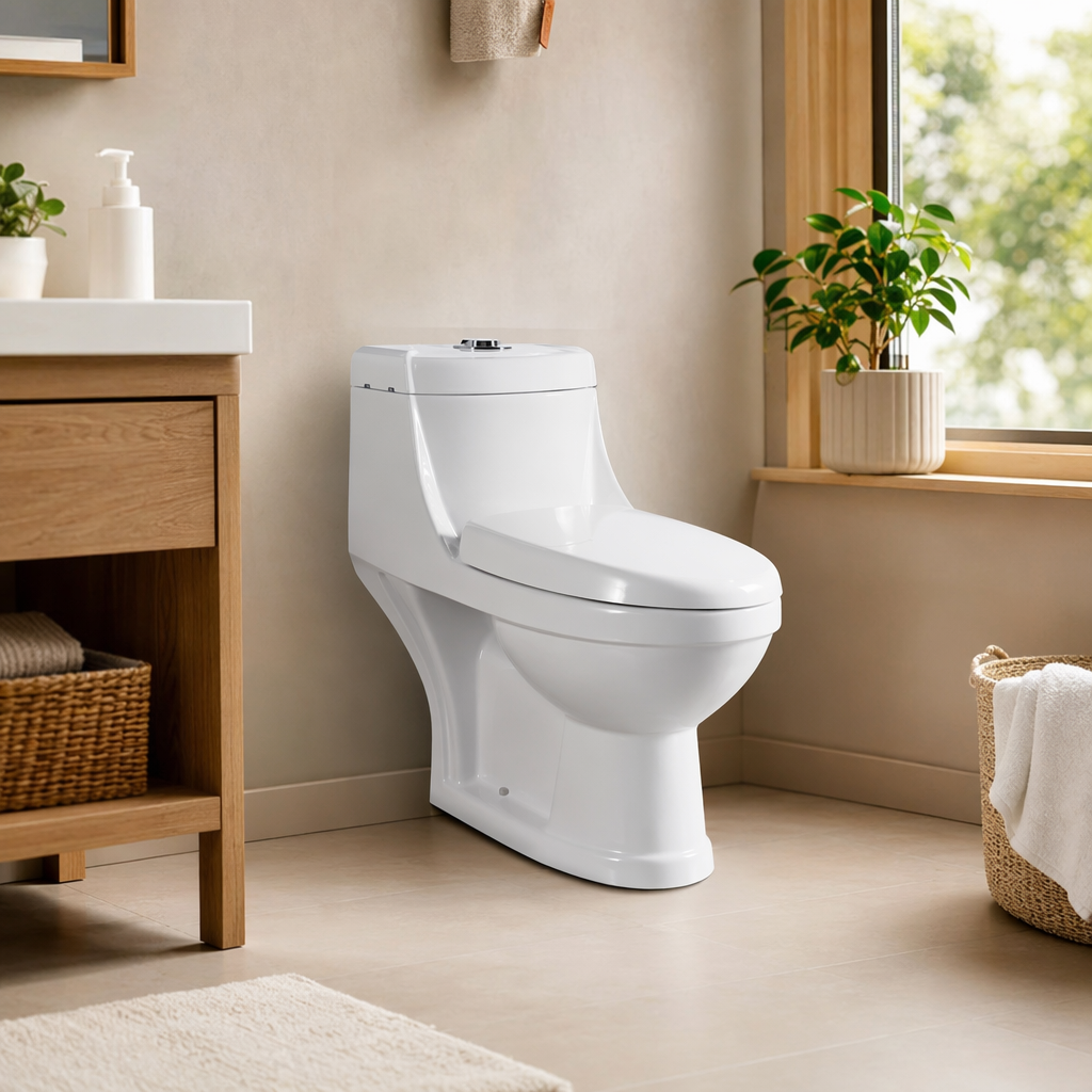 The white toilet has a smooth glaze and is easy to clean. It is a simple style for home bathrooms details Picture