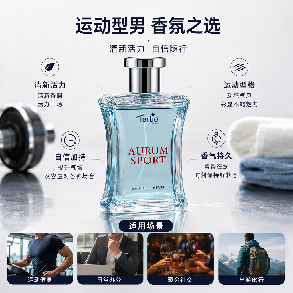 A transparent blue perfume bottle with a golden packaging box