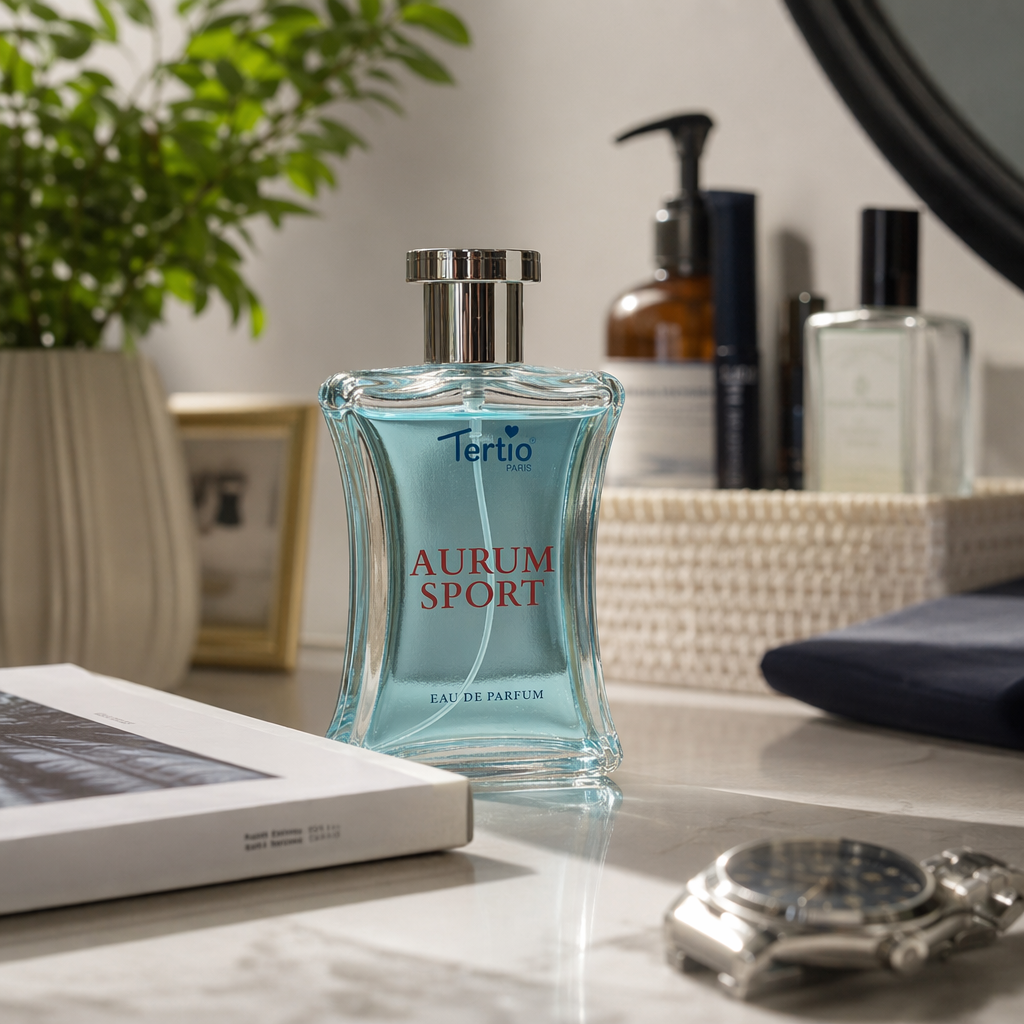A transparent blue perfume bottle with a golden packaging box details Picture