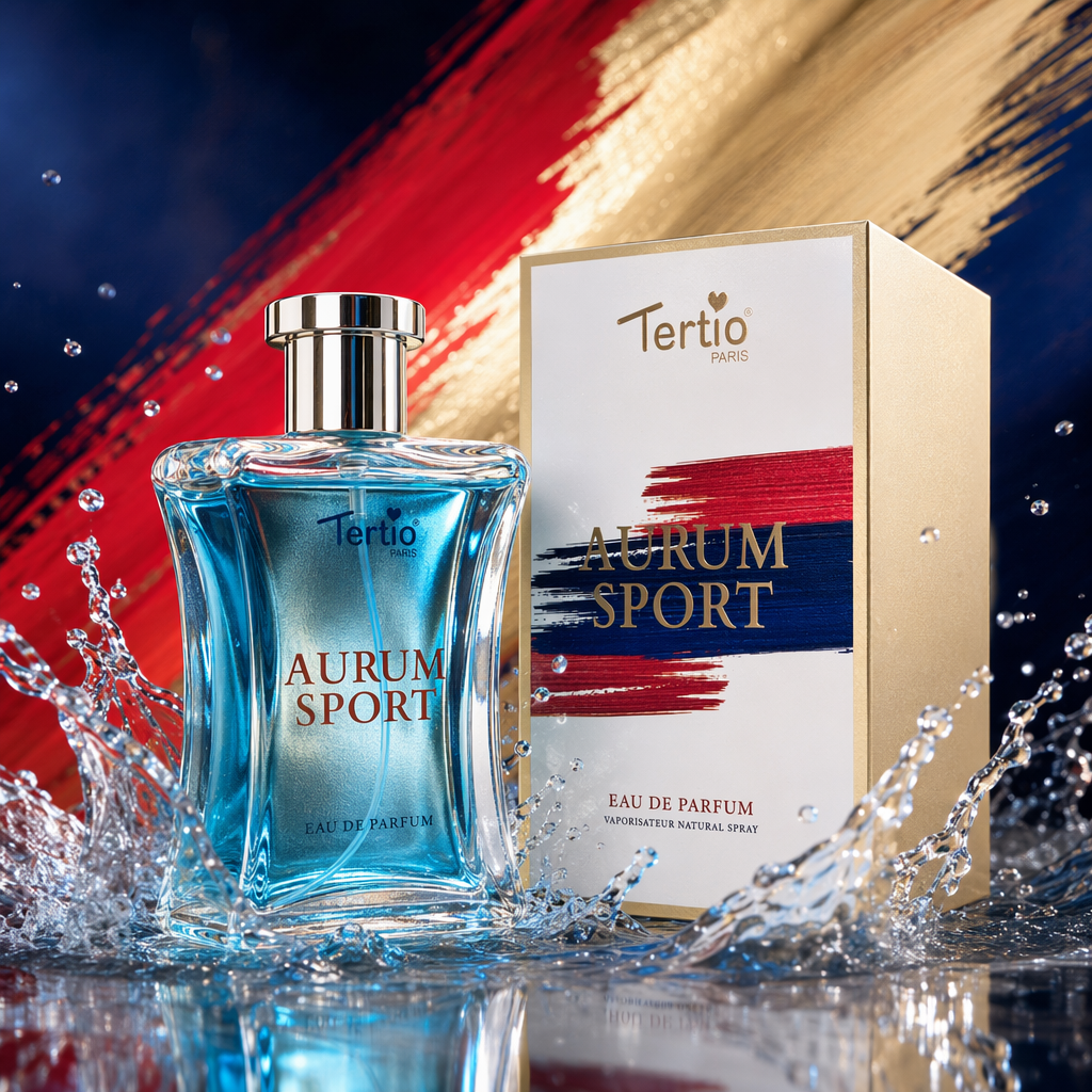 A transparent blue perfume bottle with a golden packaging box Specification image