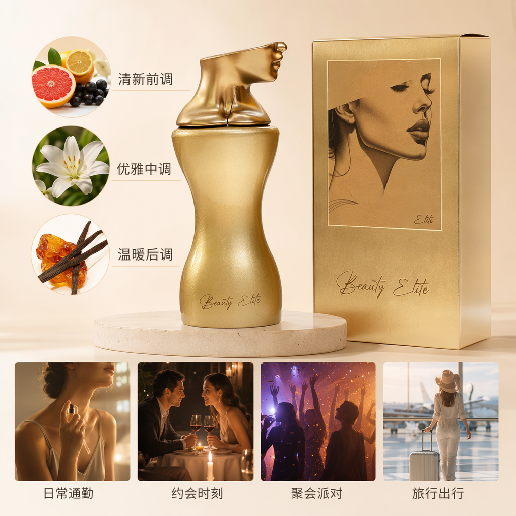 Beauty Elite金色人体曲线香水瓶配金色侧脸插画包装盒