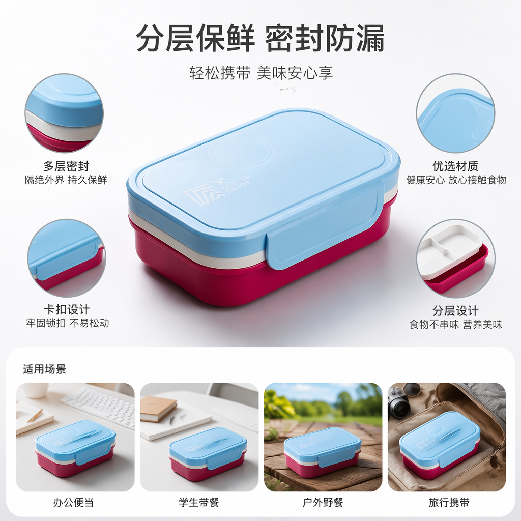 Double-layer light food bento box with blue lid and red body, portable sealed lunch box