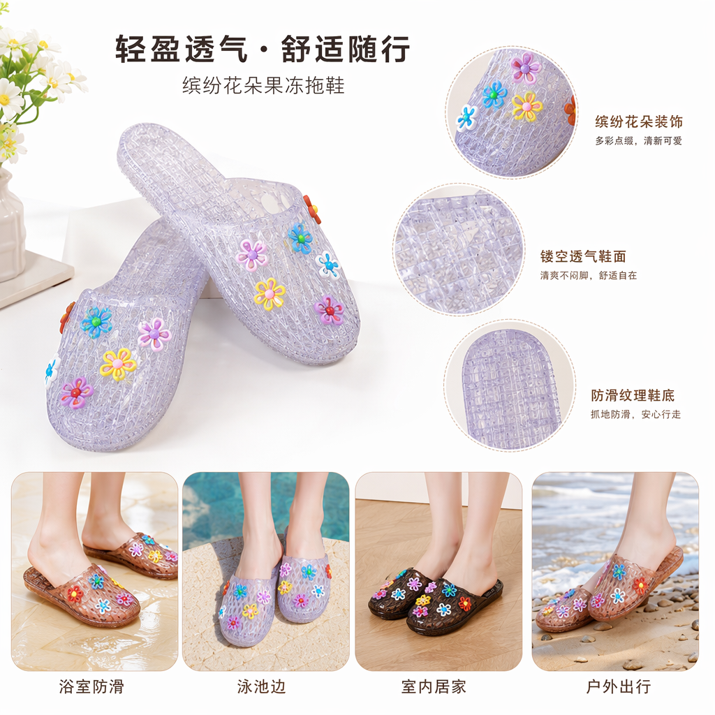 彩色花朵装饰PVC拖鞋女夏款防滑轻便家居凉拖