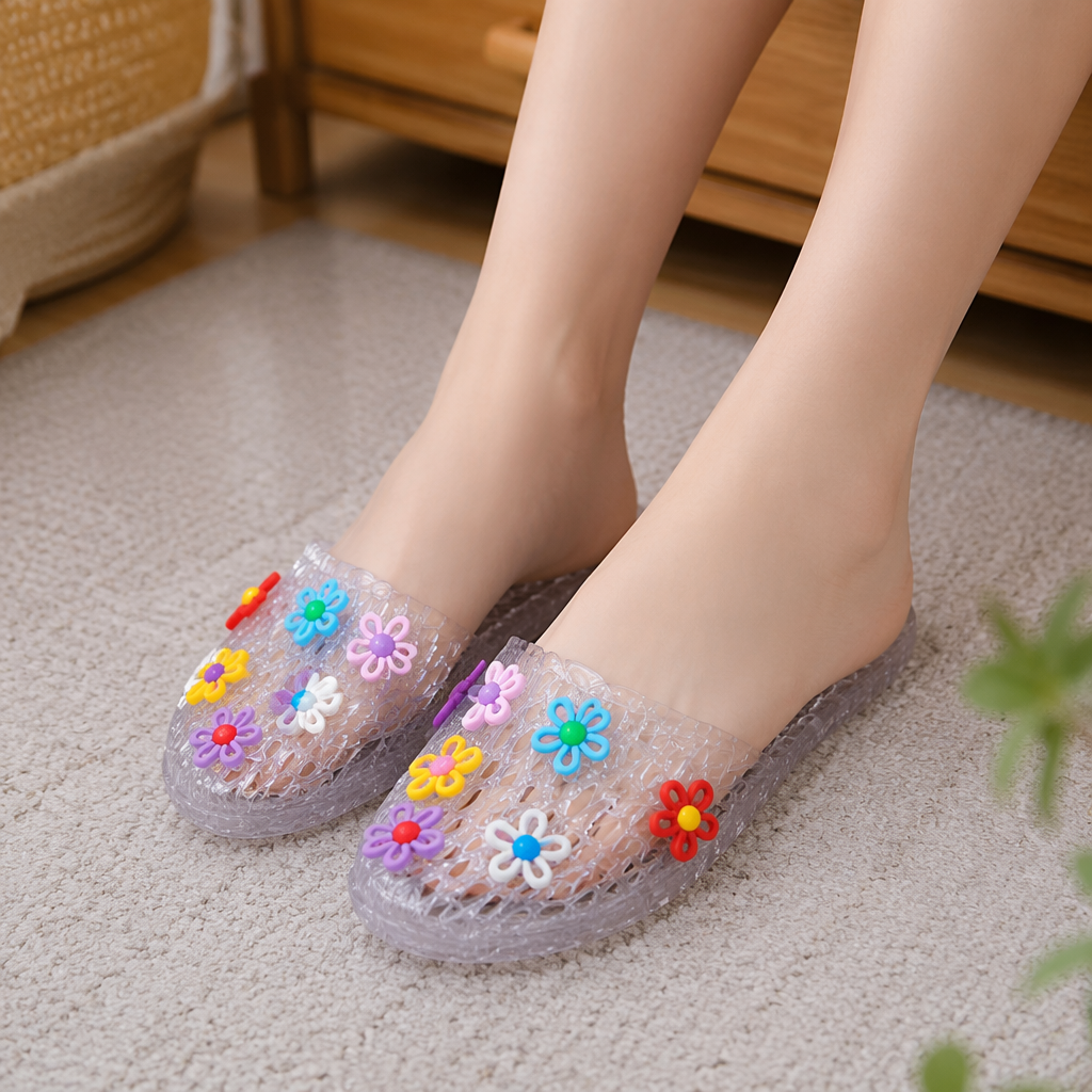 Colorful flower-decorated PVC summer slippers for women, anti-slip and lightweight home cooling slippers details Picture