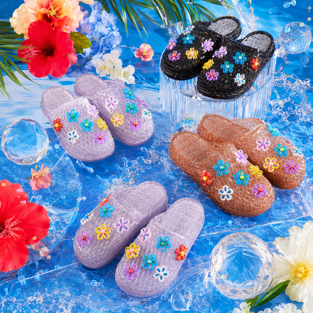 Colorful flower-decorated PVC summer slippers for women, anti-slip and lightweight home cooling slippers Specification image