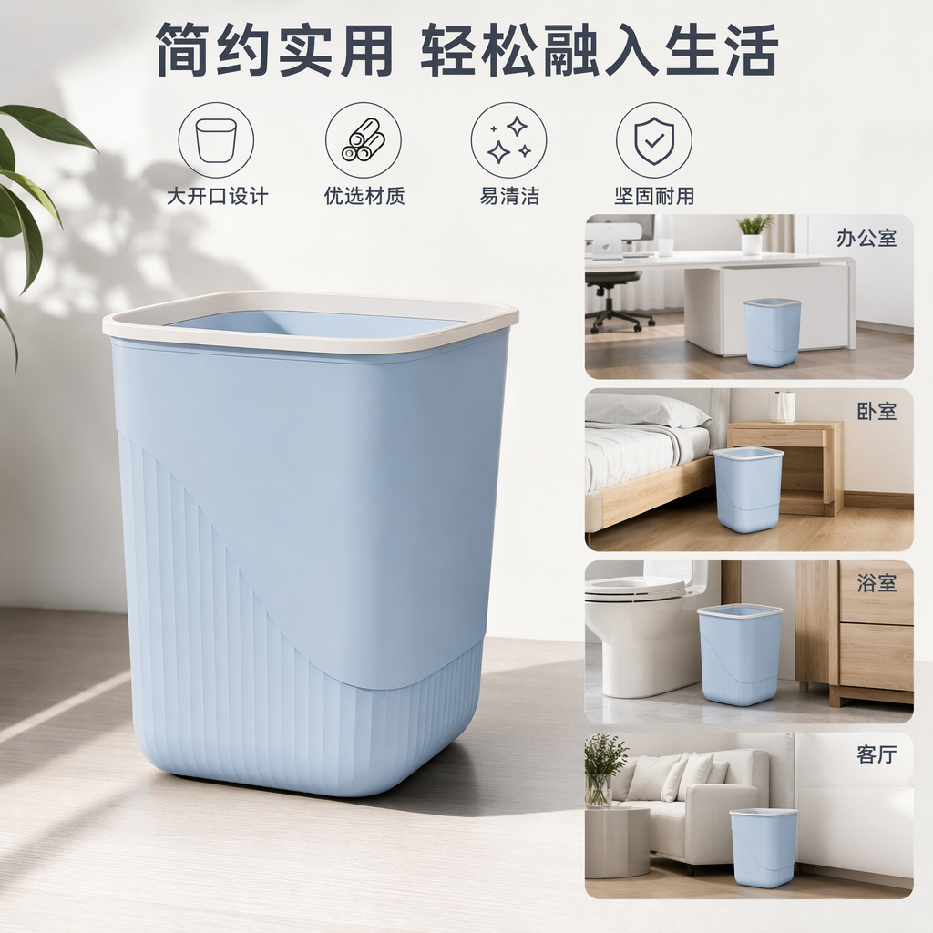 浅蓝色家用塑料垃圾桶带盖大容量客厅厨房卧室通用