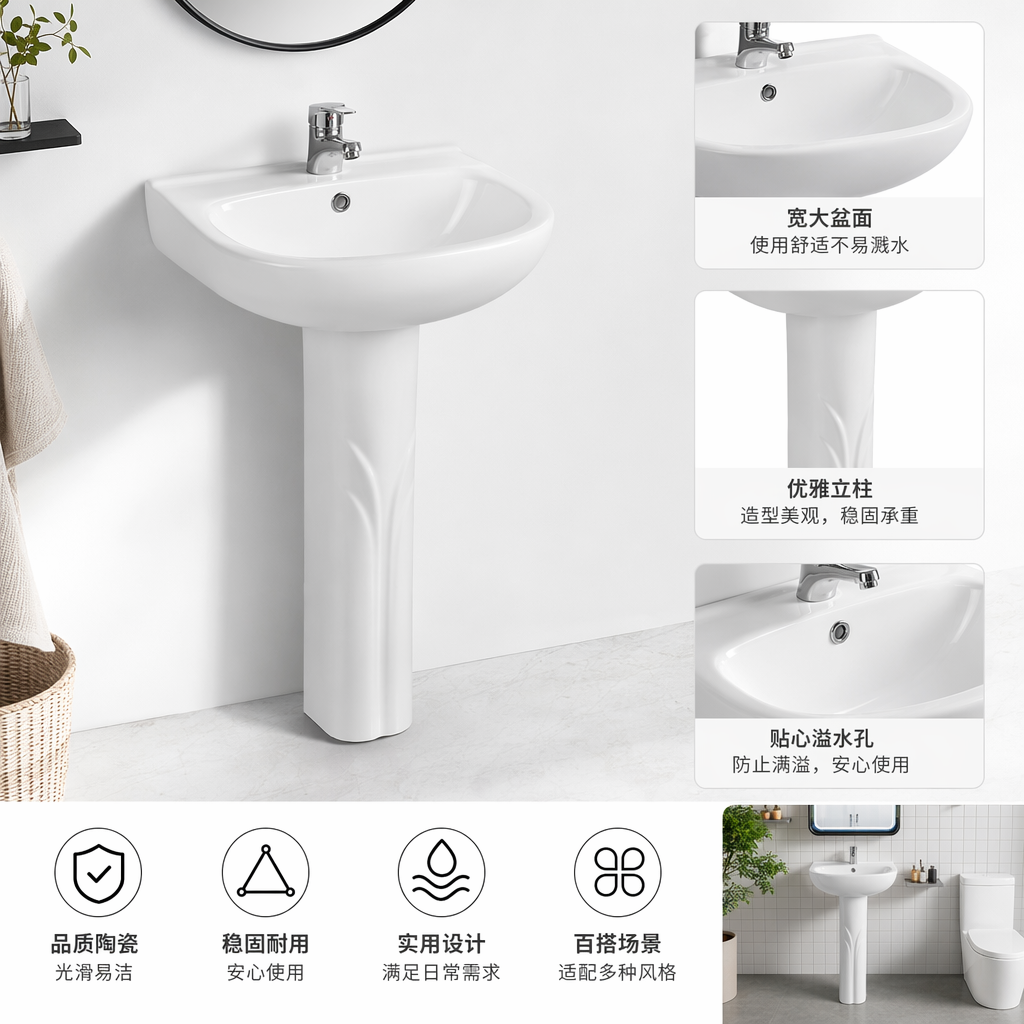 White column-style washbasin with thickened ceramic anti-stain and easy-to-clean design, specially designed for bathrooms