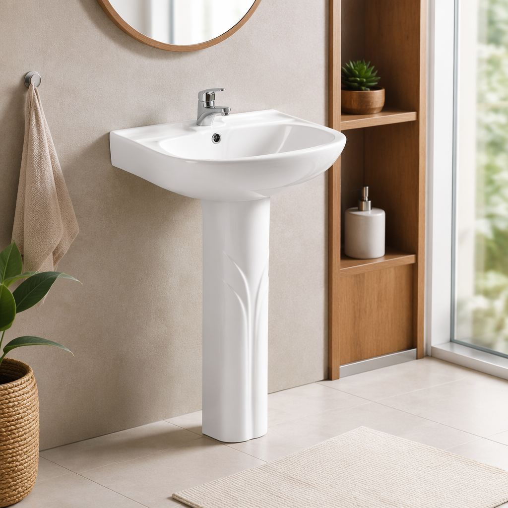 White column-style washbasin with thickened ceramic anti-stain and easy-to-clean design, specially designed for bathrooms details Picture