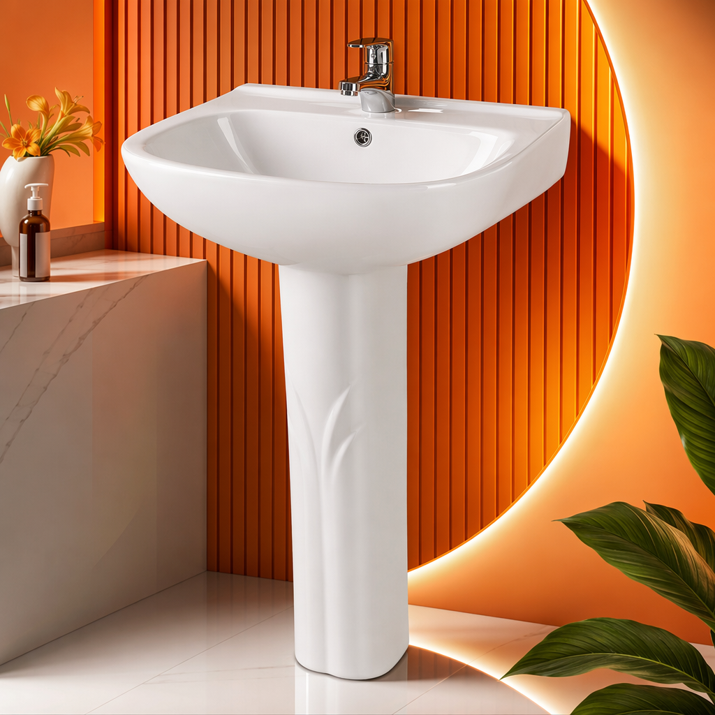 White column-style washbasin with thickened ceramic anti-stain and easy-to-clean design, specially designed for bathrooms Specification image