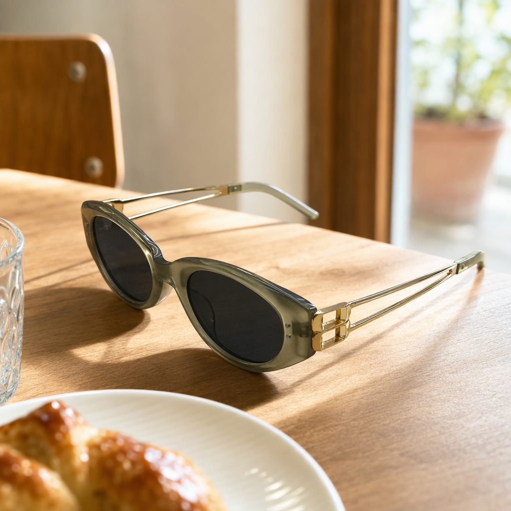 Light green frame and golden metal legs sunglasses, fashionable UV-resistant polarized sunglasses details Picture